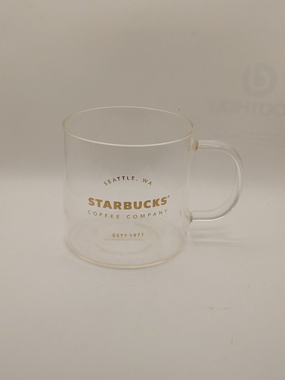 2015 Starbucks Clear Glass Coffee Mug 18 Oz Large Gold Logo Coffee Est 1971